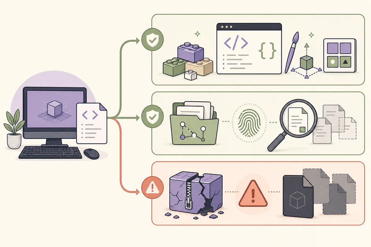 Three-path illustration showing legitimate tools, source verification and risky copied downloads