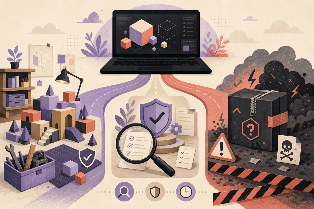 Editorial illustration comparing verified development tools, source checking and risky unknown downloads