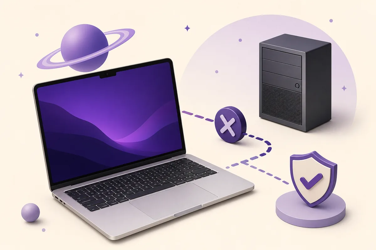 Editorial illustration showing a Mac-style laptop separated from a Windows desktop by a compatibility barrier