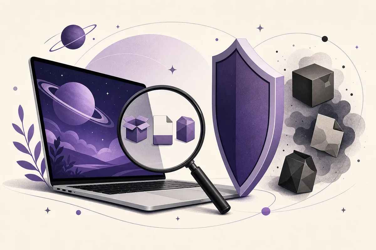 Editorial diagram of a laptop, magnifier, file packages and shield for source verification