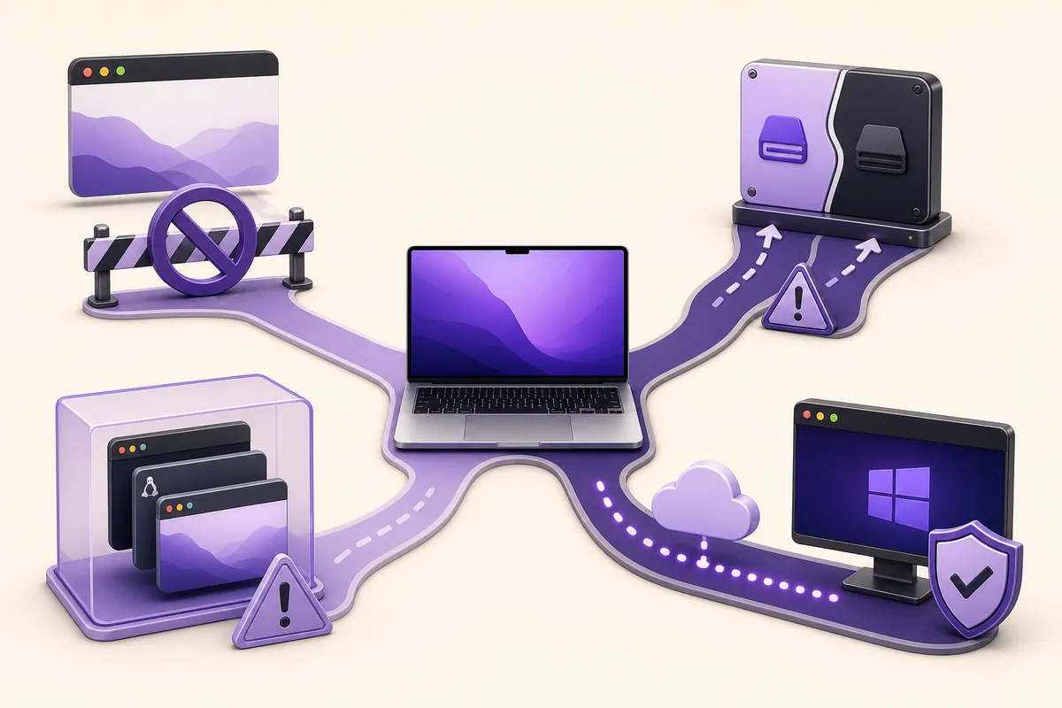Editorial diagram of blocked native use, dual boot, virtualization and remote Windows paths