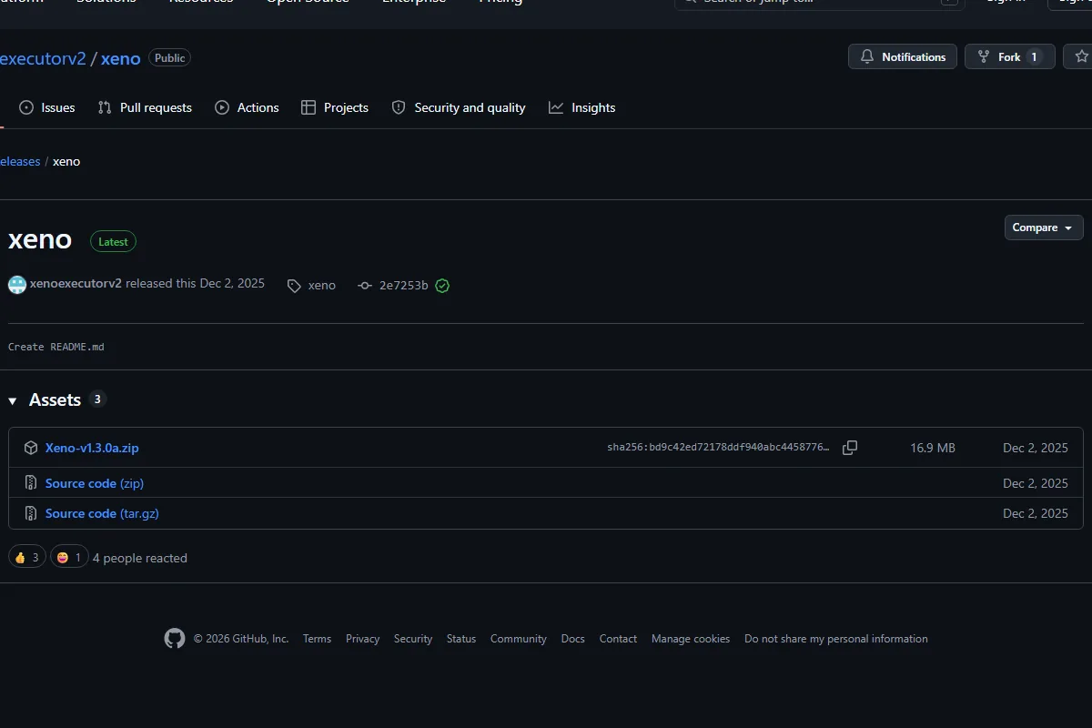Cropped GitHub release page for xenoexecutorv2 showing the Xeno-v1.3.0a.zip asset
