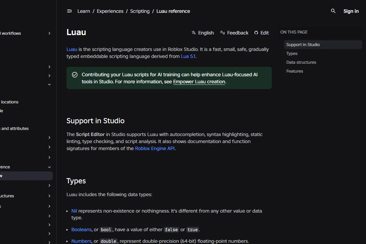 Cropped Roblox Creator Hub Luau documentation showing official Studio scripting support